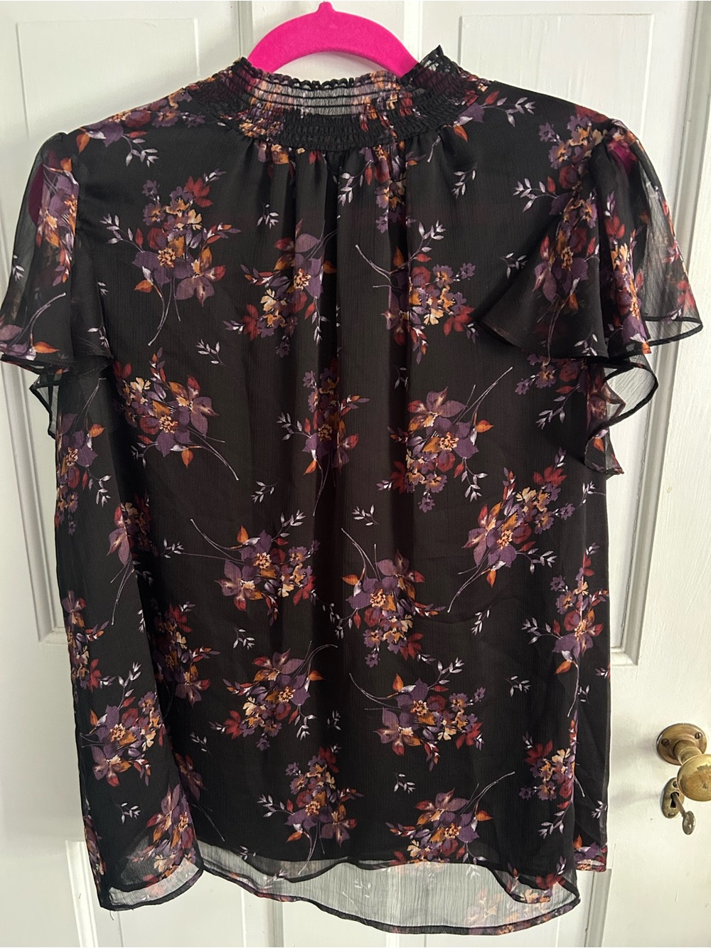 1. State Black Sheer Floral Blouse with Purple and Rust Accents